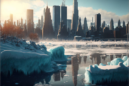 snow and ice blizzard in New York. Snowfall in The City of New York. City skyline in winter....
