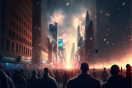 people celebrating new year eve in new york fireworks in the sky illustration generative Ai