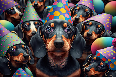 many cute dachshund dogs pets celebrating new year illustration generative aiの写真素材