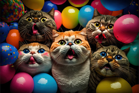 many funny cute cats pets celebrating new year illustration generative aiの写真素材