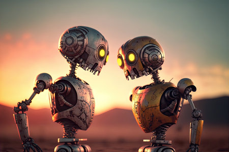 two robots are falling in love in post nuclear background illustration generative aiの写真素材