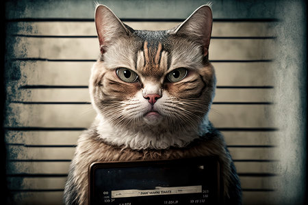 bad cat kitten kitty holding a police department banner , as a mugshot photo, at police office generative aiの写真素材