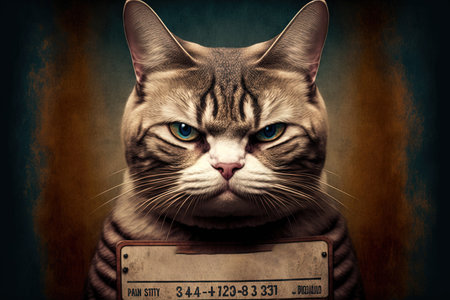 bad cat kitten kitty holding a police department banner , as a mugshot photo, at police office generative aiの写真素材