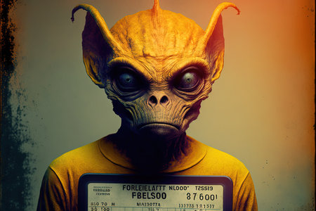 a Orange yellow Humanoid Alien Identification Plate in front of Police Lineup or Mugshot illustration generative aiの写真素材