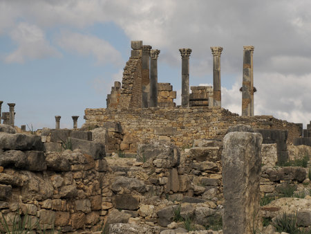 Volubilis Roman ruins in Morocco- Best-preserved Roman ruins located between the Imperial Cities of Fez and Meknes on a fertile plain surrounded by wheat fields.の写真素材
