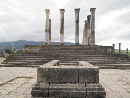 Volubilis Roman ruins in Morocco- Best-preserved Roman ruins located between the Imperial Cities of Fez and Meknes on a fertile plain surrounded by wheat fields.の写真素材