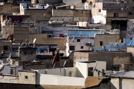 Aerial view of the Fez el Bali medina. Panorama cityscape of the oldest walled part of Fez, Morocco. Fes el Bali was founded as the capital of the Idrisid dynasty between 789 and 808 AD.の写真素材