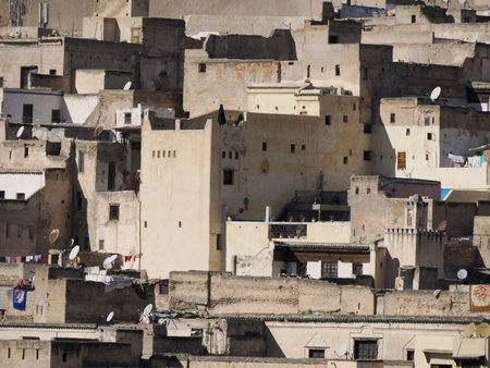 Aerial view of the Fez el Bali medina. Panorama cityscape of the oldest walled part of Fez, Morocco. Fes el Bali was founded as the capital of the Idrisid dynasty between 789 and 808 AD.の写真素材