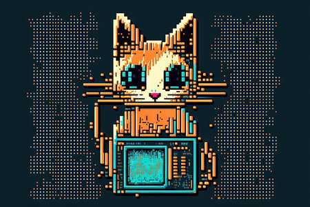 Cute kitty big pixel retro cpu cat Illustration generative ai