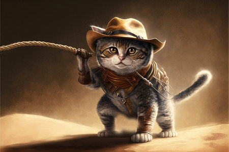 A cat archaeologist with hat and whip escaping from danger illustration generative aiの写真素材