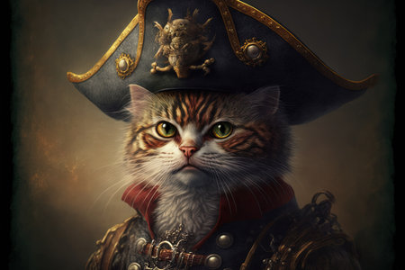 A cat pirate captain wearing a tricorn hat illustration generative aiの写真素材