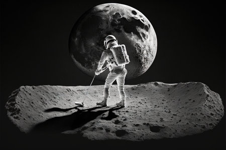 astronaut playing golf on the moon illustration earth planet on background generative ai
