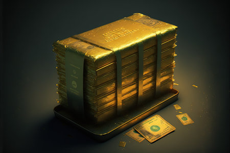 Many gold unknowns inside vault safe golden bars illustration generative ai