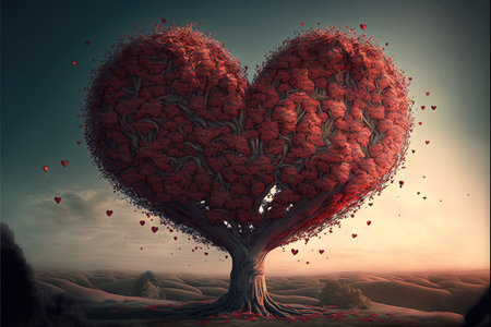 big tree with red hearts hanging Love red heart Valentine day concept illustration generative aiの写真素材