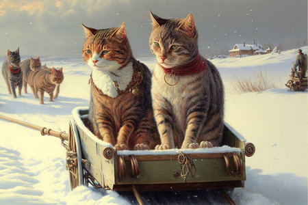 Cats kitttens in sled on snow Cheerful cartoon kitten rides from the mountain on a sled. Snow hill....