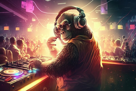 A Monkey animal is a resident dj in the club People dancing on background illustration generative aiの写真素材