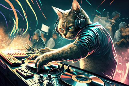 A cat animal is a resident dj in the club People dancing on background illustration generative aiの写真素材