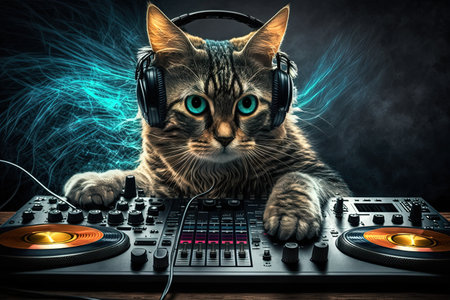 A cat animal is a resident dj in the club People dancing on background illustration generative aiの写真素材