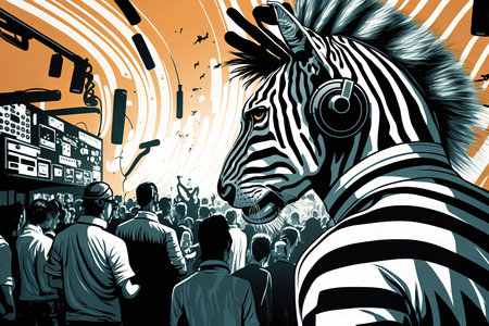 A Zebra animal is a resident dj in the club People dancing on background illustration generative aiの写真素材