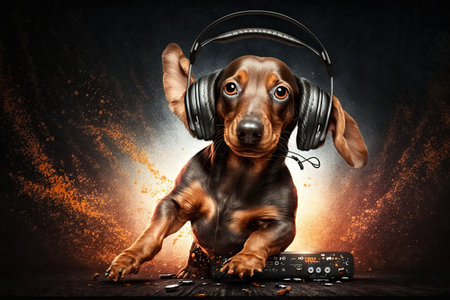 A Dachshund dog animal is a resident dj in the club People dancing on background illustration generative aiの写真素材