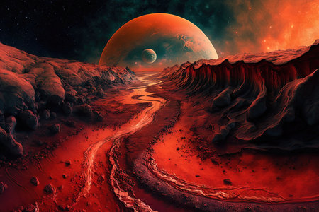 Aliens on red alien planet mars surface illustration generative ai