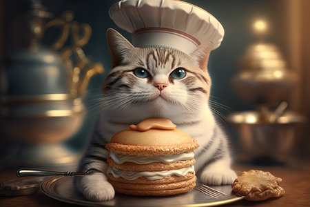 A Cat pastry chef patissier in the kitchen preparing cake illustration generative aiの写真素材