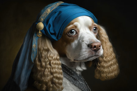 Cocker Spaniel Dog as Animal with a Pearl Earring in Johannes Vermeer style illustration generative...
