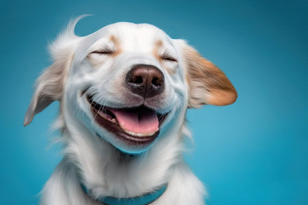 A Smiling dog with happy expressionand closed eyes isolated on blue background illustration generative aiの素材 [FY310198704005]