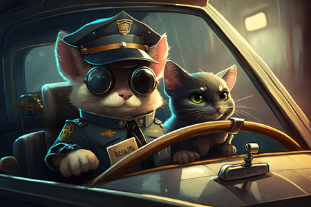A Cat in police uniform driving a squad in car patrol illustration generative ai