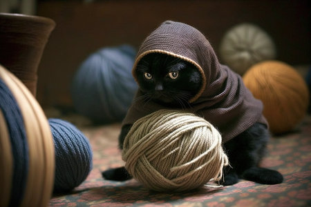 A cat dressed in a ninja outfit, stealthily sneaking up on a ball of yarn with its claws at the...