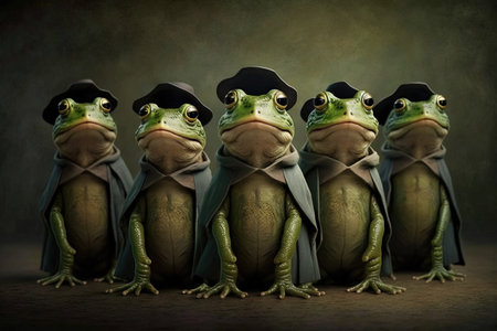 Frogs standing in a line, wearing graduation caps and gowns, with a proud look on their faces an illustration generative aiの写真素材