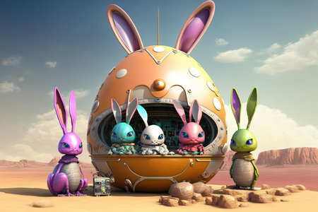 A group of aliens celebrating Easter by decorating their spaceship with colorful eggs and bunny ears Happy Easter illustration generative aiの素材