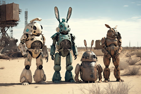 Group of robots dressed in bunny costumes Happy Easter illustration generative aiの素材