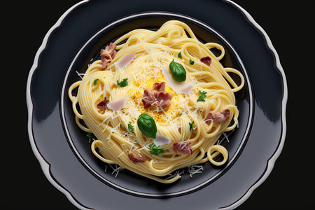 a Carbonara unusual style Pasta plate view from the top isolated on black background illustration generative aiの素材