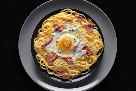 a Carbonara unusual style Pasta plate view from the top isolated on black background illustration generative aiの素材