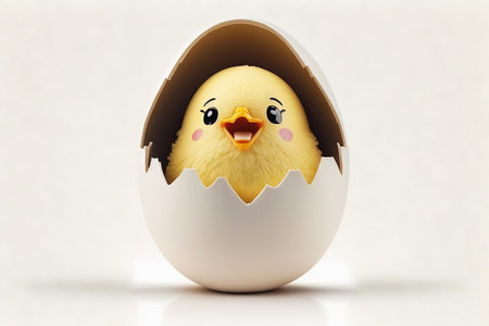 Yellow Happy smiling Cute little chicken coming out of the Easter egg isolated on white background illustration generative aiの素材
