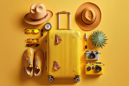 A Flat yellow suitcase travel trolley with traveler accessories on yellow background. travel concept illustration generative aiの素材