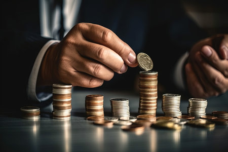 A Businessman pointing graph growth above stacks of coins business and finance success abstract illustration generative aiの素材