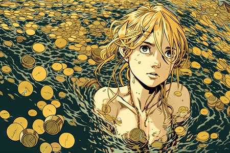 A Girl swimming in a sea made out of gold coins, pretty anime manga character illustration generative aiの素材