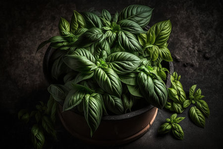 Some Fresh basil leaves in a pot on a dark background, top view illustration generative aiの素材