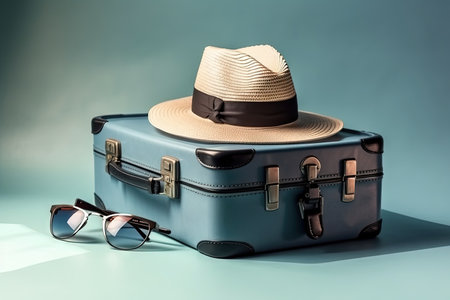 Blue Suitcase with hat and sunglasses on pastel background minimal creative travel concept illustration generative aiの素材