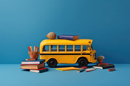 A School bus with school accessories and books on blue background illustration generative aiの素材