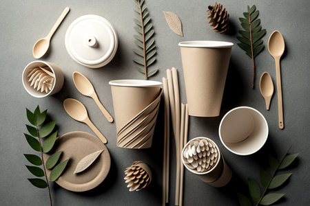 Some Eco natural paper cups, straws, wooden cutlery flat lay on gray background.plastic free items. Top view illustration generative aiの素材