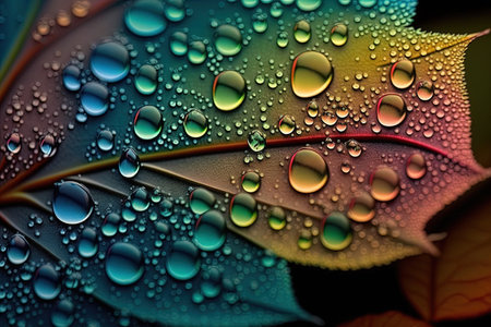 close up of raindrops on rainbow flower leaf detail illustration generative aiの素材