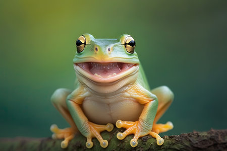 a Smiling frog laughing, animal closeup illustration generative aiの素材