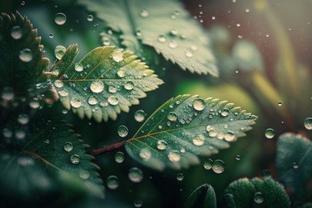 Plants leaf with fresh water drops in the garden on a rainy morning in the countryside. Sustainable lifestyle for a better future. illustration generative aiの素材