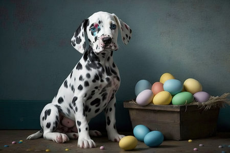 little dalmatian puppy dog and Easter eggs painted in bright colors Happy Easter holiday illustration generative aiの素材