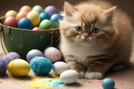 Cat Charming kitten and Easter eggs painted in bright colors Happy Easter holiday illustration generative aiの素材