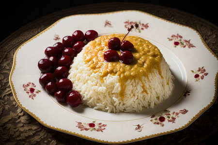Close up of Alboloo Polow Persian rice with sour cherries illustration generative aiの素材