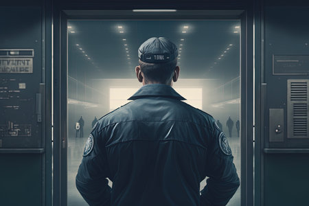 A Security guard controlling indoor entrance gate view from the back detail of gun illustration generative aiの素材